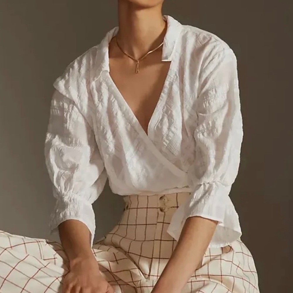 Anthropologie White Textured Wrap Blouse